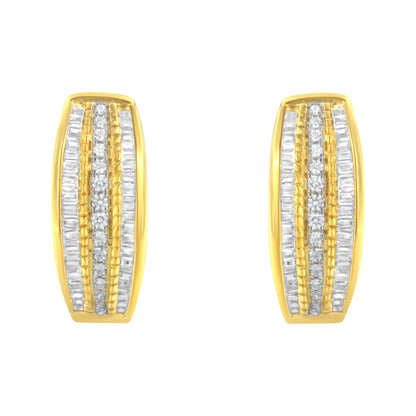 10K Yellow Gold 3/4 Cttw Pave and Channel Set Diamond Triple Row Modern Hoop Earrings (I-J Color, I2-I3 Clarity)