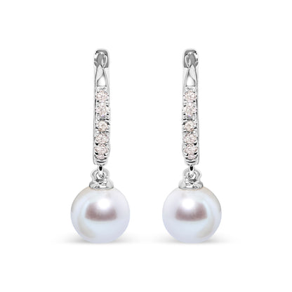 10K White Gold 6x6 MM Cultured Freshwater Pearl and Diamond Accent Drop Huggy Earring (H-I Color, I1-I2 Clarity)