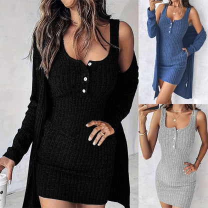 2026 Autumn And Winter Dress And Jacket Two-Piece Set, Sexy Slim-Fit Solid Color Ribbed Tank Dress For Women