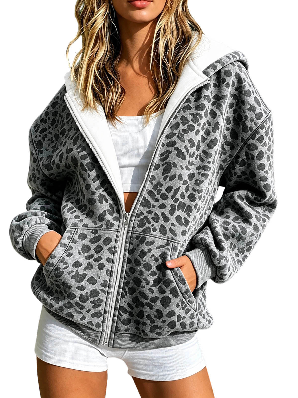 2026 Cross Border European And American Women's Fashion Leopard Print Hooded Zipper Sweatshirt Jacket Loose Casual Long Sleeve Cardigan Top