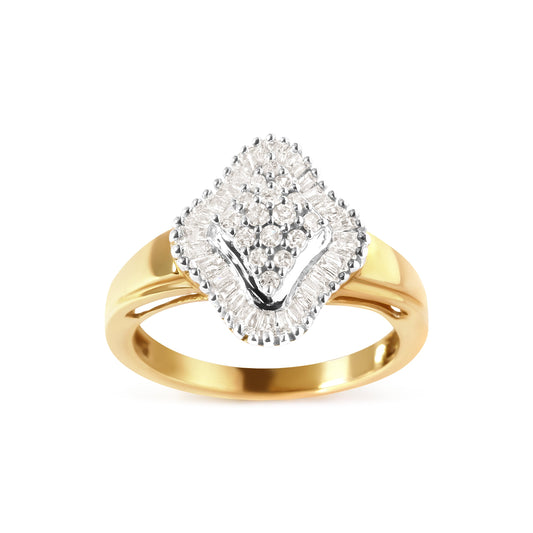 Bague Tête et Halo Losange en Or Jaune 10K, Diamants Ronds et Baguette 1/2 Carat Total (Couleur I-J, Pureté I1-I2) - Taille de Bague 7