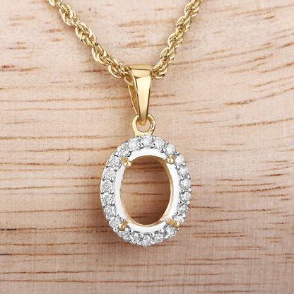 0.22 Carat Genuine White Diamond 14K Yellow Gold Semi Mount Pendant - holds 9x7mm Oval Gemstone