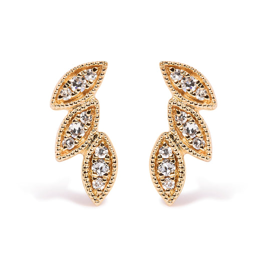 Boucles d'oreilles clous triples feuilles en or jaune 10K, diamant 0,10 CTTW (couleur H-I, pureté I1-I2)