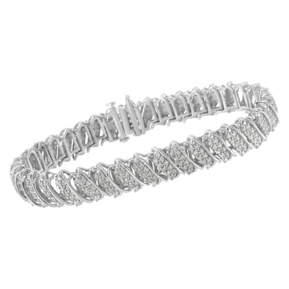 .925 Sterling Silver 3.0 Cttw Diamond Multi Row Cluster Slanted Wave Link 7-Â¼â€ Tennis Bracelet (I-J Color, I2-I3 Clarity)