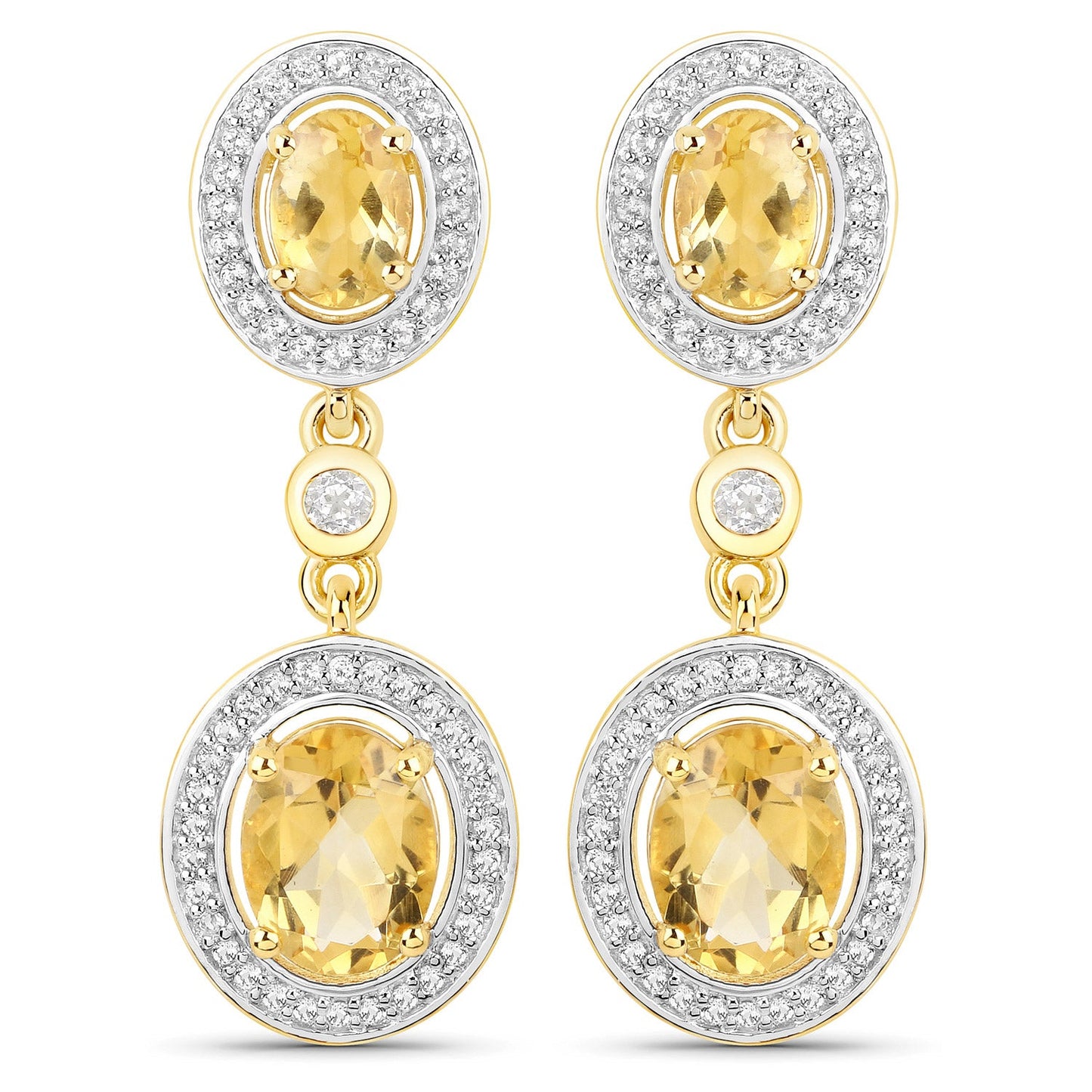 18K Yellow Gold Plated 5.70 Carat Genuine Citrine and White Topaz .925 Sterling Silver Earrings