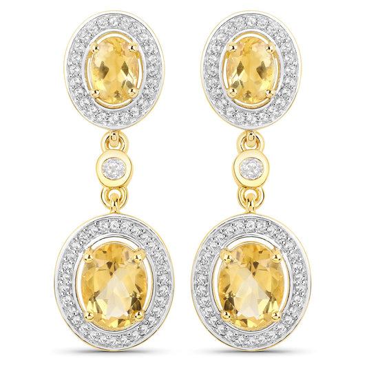Boucles d'oreilles en argent sterling 925 plaqué or jaune 18 carats avec citrine véritable de 5,70 carats et topaze blanche