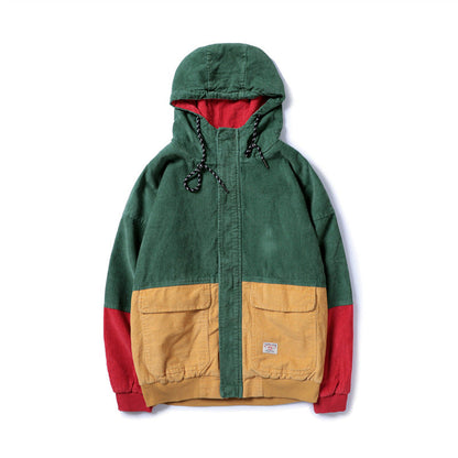 Corduroy Hip-Hop Patchwork Hooded Jacket for Couples
