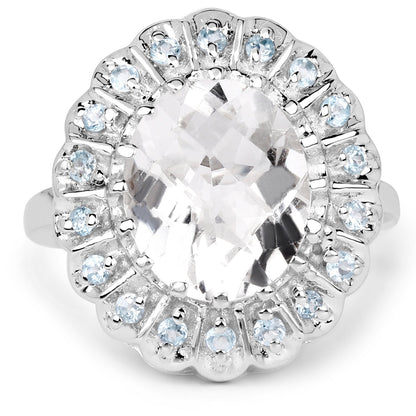 5.90 Carat Genuine Crystal Quartz and Swiss Blue Topaz .925 Sterling Silver Ring