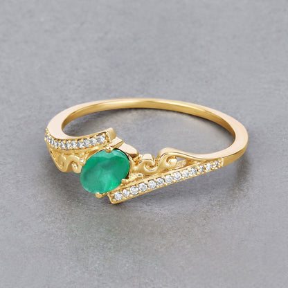 0.51 Carat Genuine Zambian Emerald and White Diamond 14K Yellow Gold Ring