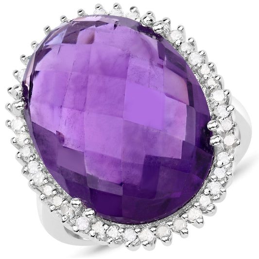Bague en argent sterling .925 avec améthyste véritable de 14,90 carats et diamants blancs