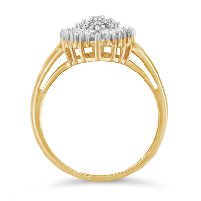 10K Yellow Gold 1/2 Cttw Round & Baguette Cut Diamond Pear Shaped Domed PavÃ© Cluster with Halo Cocktail Ring (J-K Color, I1-I2 Clarity) - Size 4-1/4