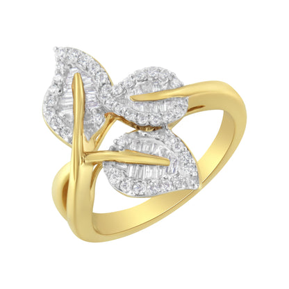 10k Yellow and White Gold 1/2 Cttw Baguette and Round Diamond Bypass Triple Leaf Ring (I-J Color, I1-I2 Clarity) - Size 7