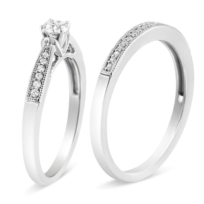 .925 Sterling Silver 1/3 Cttw Diamond Classic Engagement Ring Bridal Set with Milgrain (I-J Color, I3 Clarity) - Ring Size 7