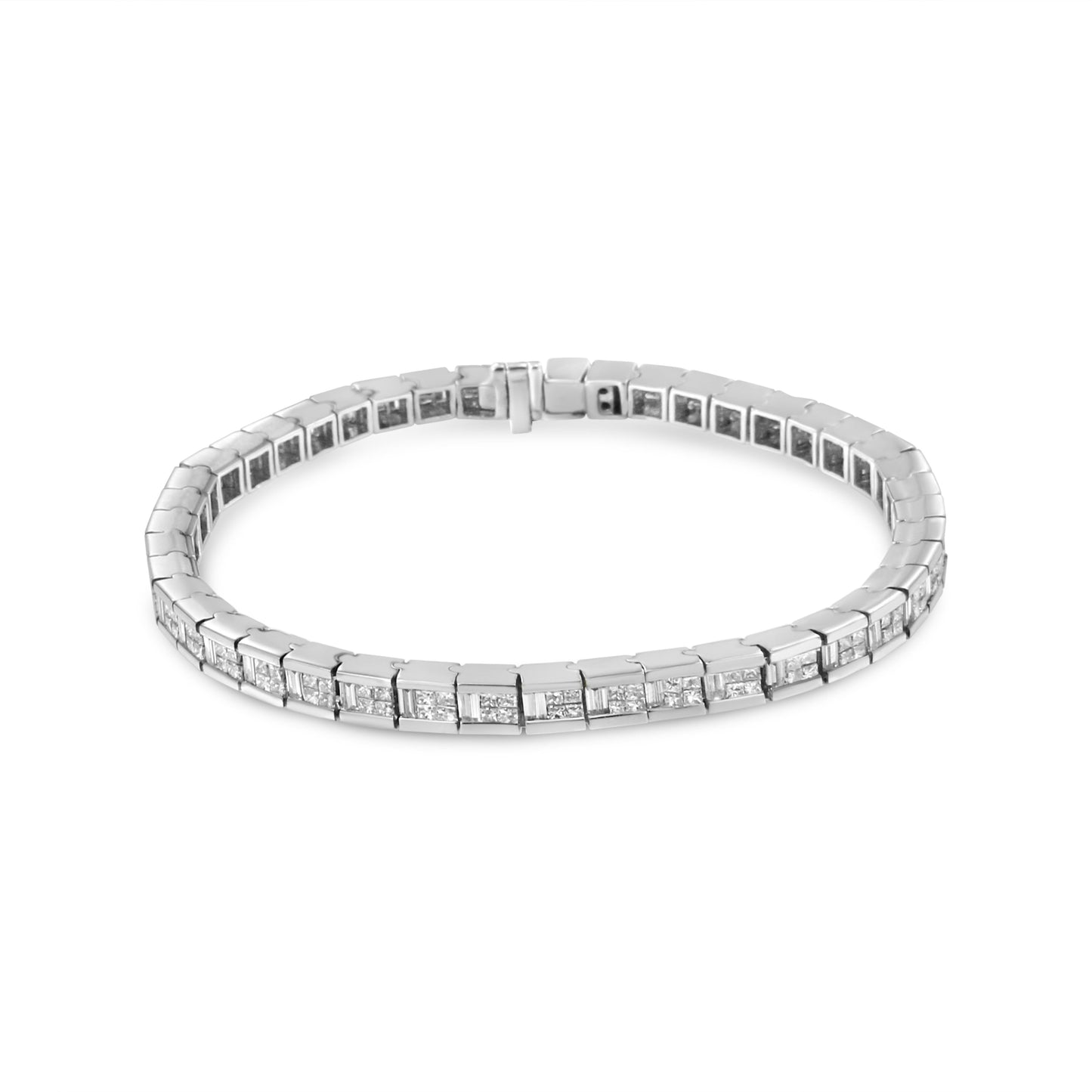 14K White Gold 4 3/8 Cttw Alternating Invisible Set Princess and Baguette Diamond Tennis Bracelet (G-H Color, VS1-VS2 Clarity) - Size 7"