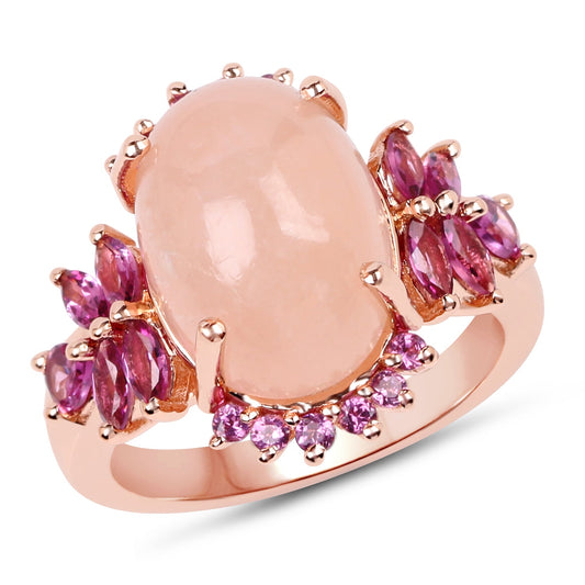 Bague en Argent Sterling .925 Plaqué Or Rose 14K, Véritable Morganite et Rhodolite 9.13 Carats