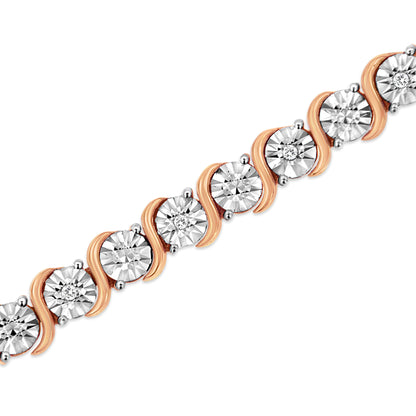 14K Rose Gold Plated .925 Sterling Silver 1/10 Cttw Diamond Round Miracle Plate and "S" Link Tennis Bracelet (I-J Color, I2- I3 Clarity) - 7"