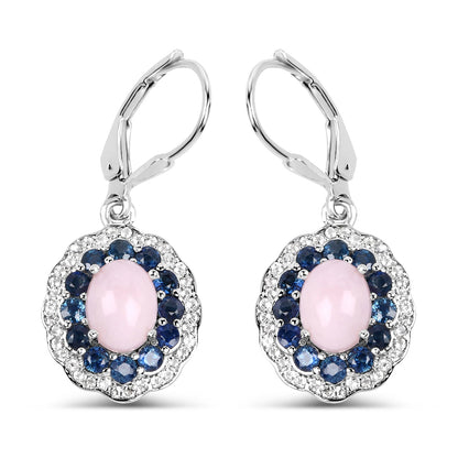 4.00 Carat Genuine Opal Pink, Blue Sapphire and White Topaz .925 Sterling Silver Earrings