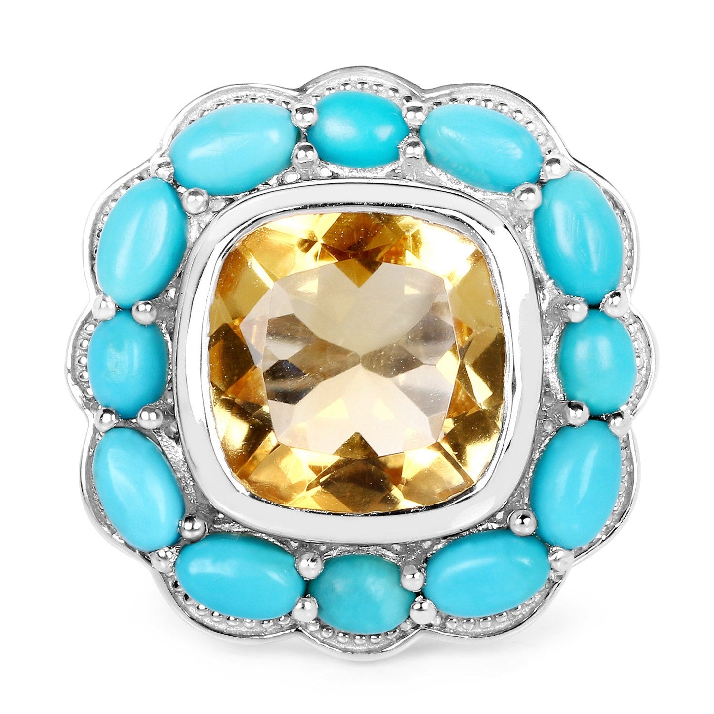 9.26 Carat Genuine Citrine and Turquoise .925 Sterling Silver Ring