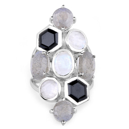 10.30 Carat Genuine White Rainbow Moonstone, Labradorite And Black Onyx .925 Sterling Silver Ring