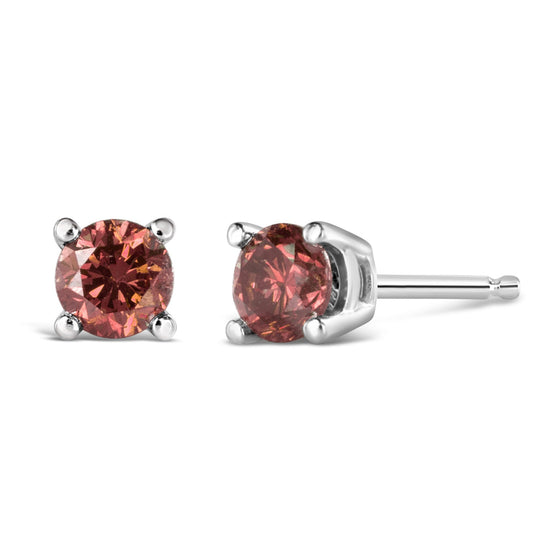 Boucles d'oreilles solitaires classiques à 4 griffes en or blanc 14 carats, diamant rose de laboratoire taille brillant rond de 1,0 carat (couleur rose, pureté VVS2-VS1)