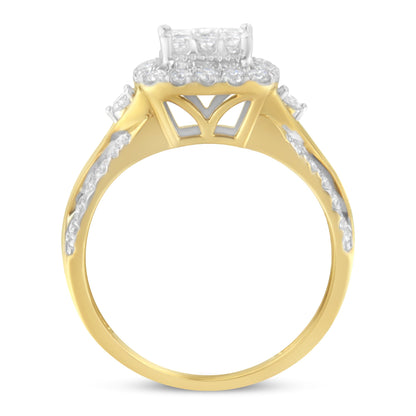 10K Yellow Gold 1.0 Cttw Diamond Composite Cushion-Shape Halo 3-Band-Look Engagement Ring (H-I Color, SI1-SI2 Clarity) - Size 6-1/4