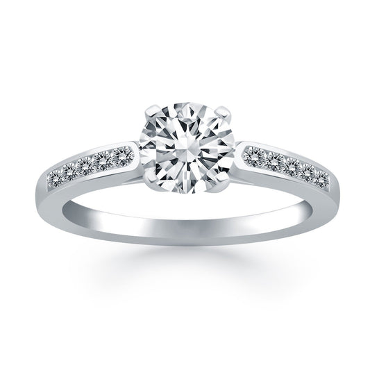 Bague de fiançailles 14 carats en or blanc avec diamants sertis rail et épaulement cathédrale