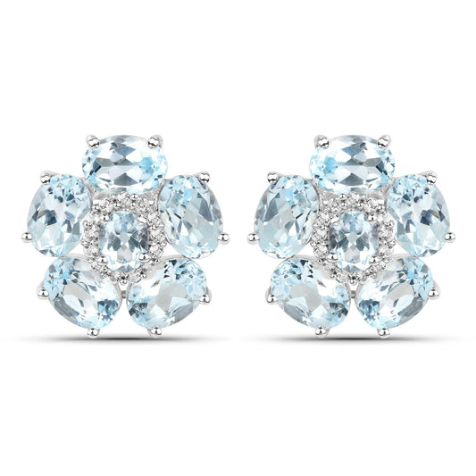 Boucles d'oreilles en argent sterling .925 plaqué or blanc 18 carats avec topaze bleue véritable de 10,48 carats et topaze blanche