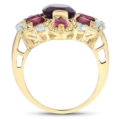 6.80 Carat Genuine Amethyst, Rhodolite and Blue Topaz .925 Sterling Silver Ring