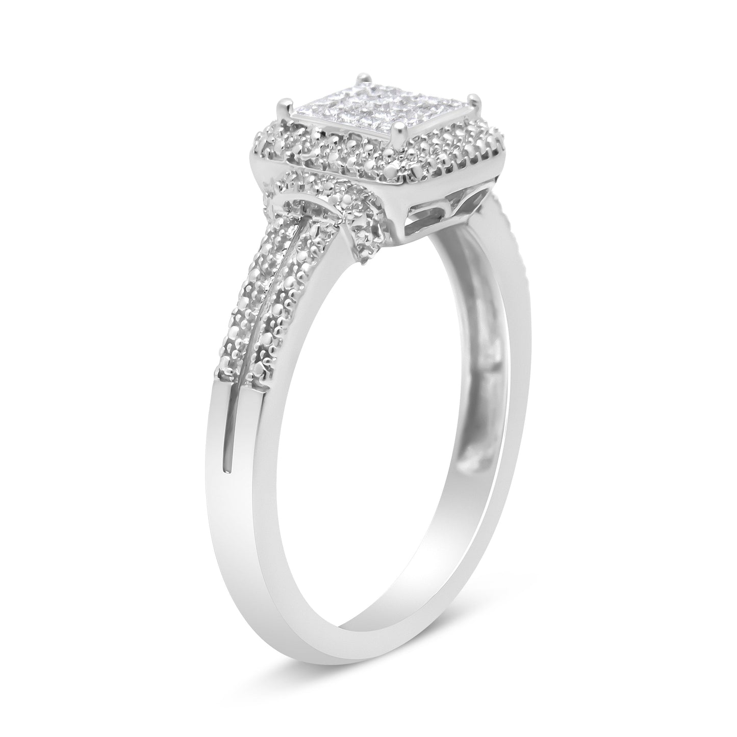.925 Sterling Silver 1/4 Cttw Princess-cut Diamond Composite Ring with Beaded Halo (H-I Color, SI1-SI2 Clarity) - Size 7