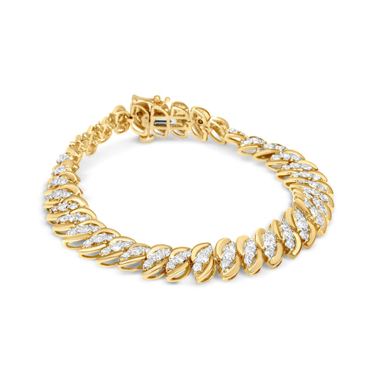 Bracelet cubain maillons en S double rangs en or jaune 10 carats avec diamants totalisant 5,0 carats (couleur J-K, pureté I2-I3) - 7,25 pouces