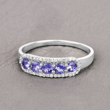 0.61 Carat Genuine Tanzanite and White Diamond 14K White Gold Ring