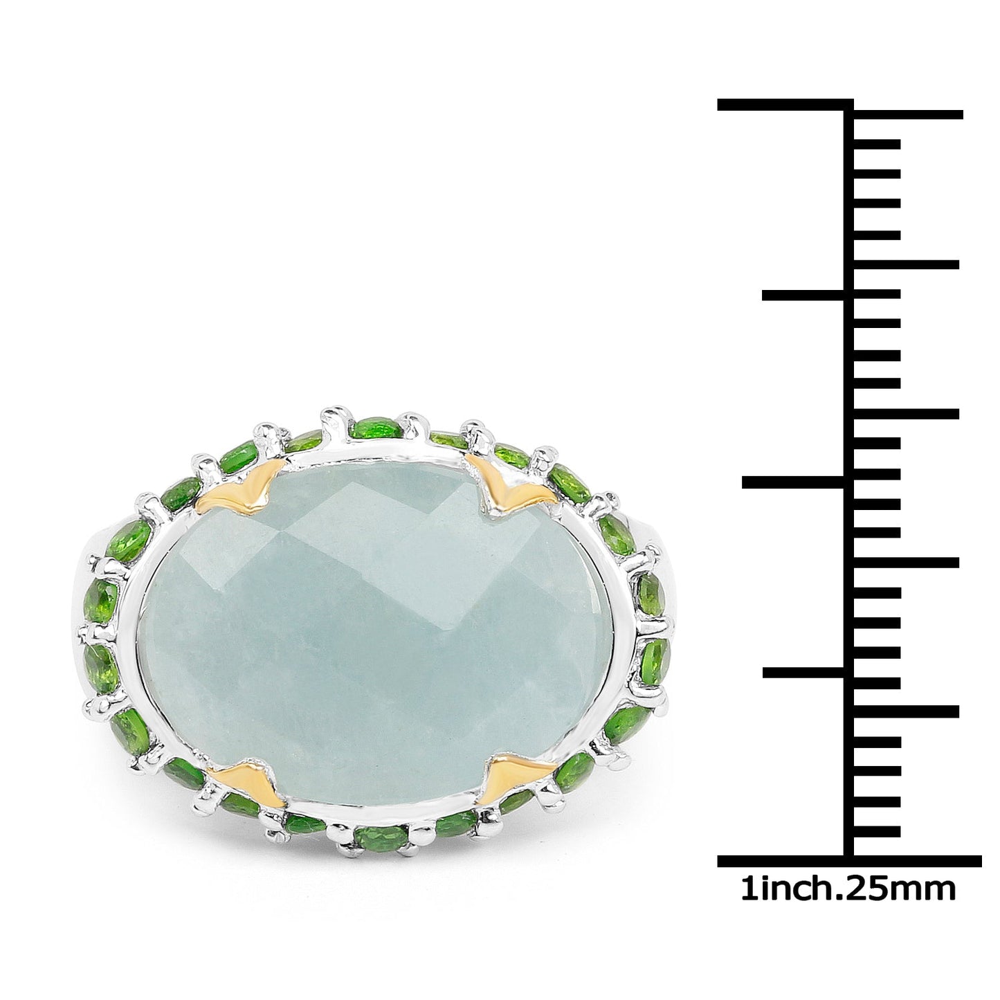 Two Tone Plated 9.12 Carat Genuine Milky Aquamarine and Chrome Diopside .925 Sterling Silver Ring
