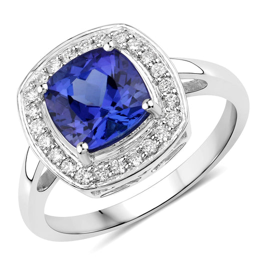 Bague en or blanc 14 carats, tanzanite véritable de 2,26 carats et diamants blancs