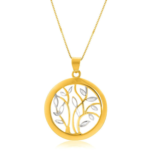 Pendentif en or deux tons 14 carats avec un motif d'arbre rond et ajouré