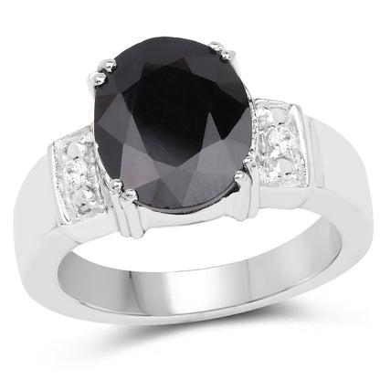 5.29 Carat Genuine Black Sapphire and White Topaz .925 Sterling Silver Ring