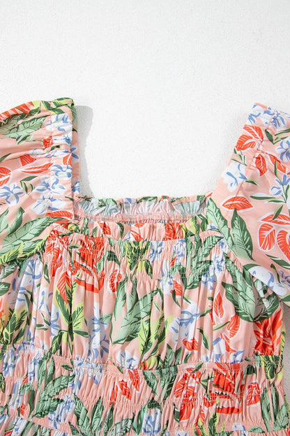 Floral Smocked Square Neck Puff Short Sleeve Midi Dress