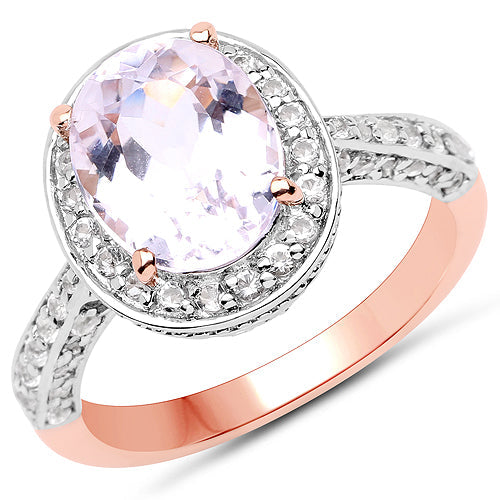 Bague en argent sterling 925 plaqué or rose 14K avec kunzite véritable de 3,86 carats et zircon blanc
