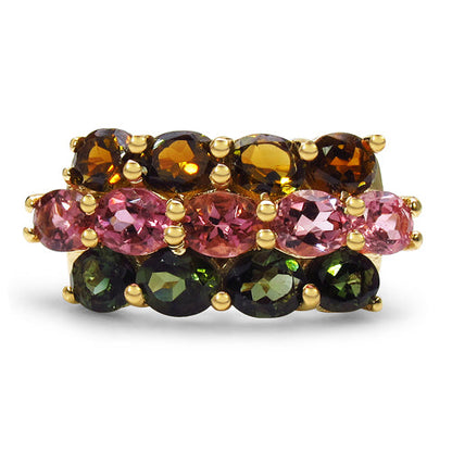 14K Yellow Gold Plated 4.58 Carat Genuine Multi Tourmaline .925 Sterling Silver Ring