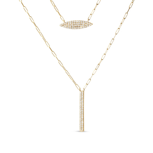 Collier à pendentif deux brins en or jaune 14 carats, 0,375 carat total, avec breloques marquise et barre, maillons trombones (couleur I-J, pureté I1-I2) - Longueurs de 45,7 cm et 50,8 cm