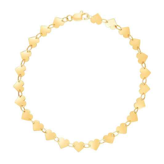 Bracelet chaîne en or jaune 14 carats de 7 pouces avec cœurs miroir