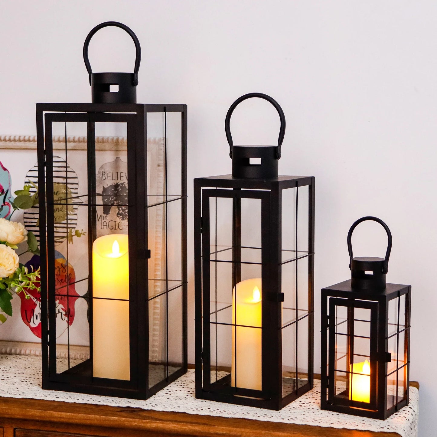 Set of 3 - Assorted Sizes (9/15.5/19.5 Inch) Tall Decorative Hanging Lanterns with Tempered Glass Panels