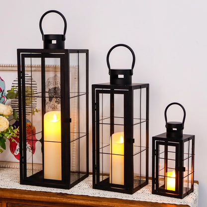 Set of 3 - Assorted Sizes (9/15.5/19.5 Inch) Tall Decorative Hanging Lanterns with Tempered Glass Panels