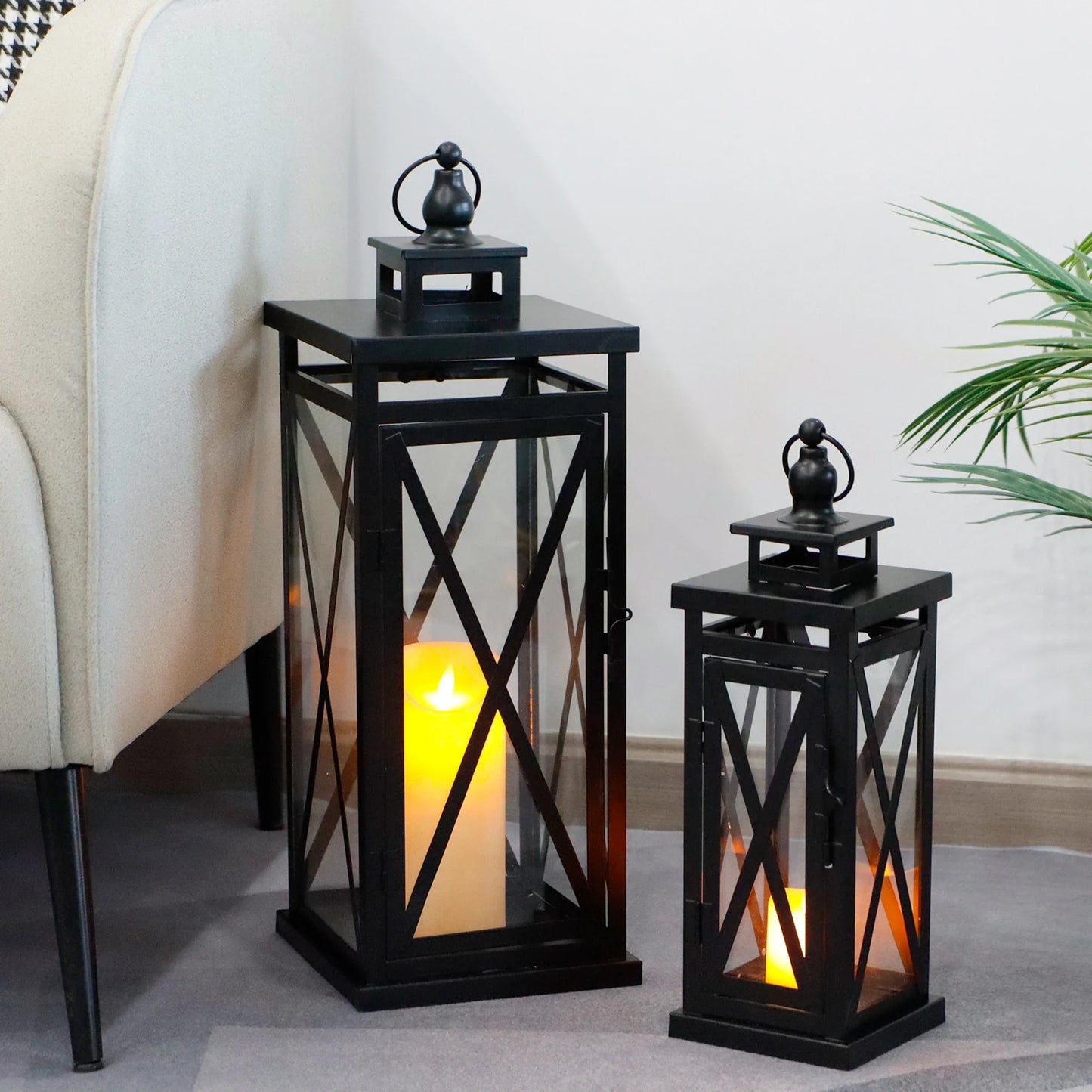 20'' & 11'' High Metal Candle Holder Hanging Lanterns with Tempered Glass