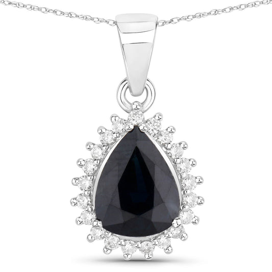 Pendentif en or blanc 14 carats avec saphir bleu véritable et diamants blancs de 2,09 carats