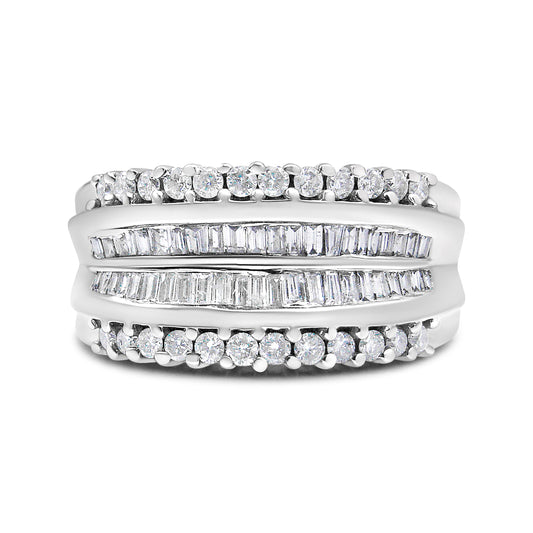 Bague moderne en or blanc 14 carats avec diamants ronds et baguettes de 1,00 carat (couleur H-I, pureté SI2-I1) - Taille de bague 7