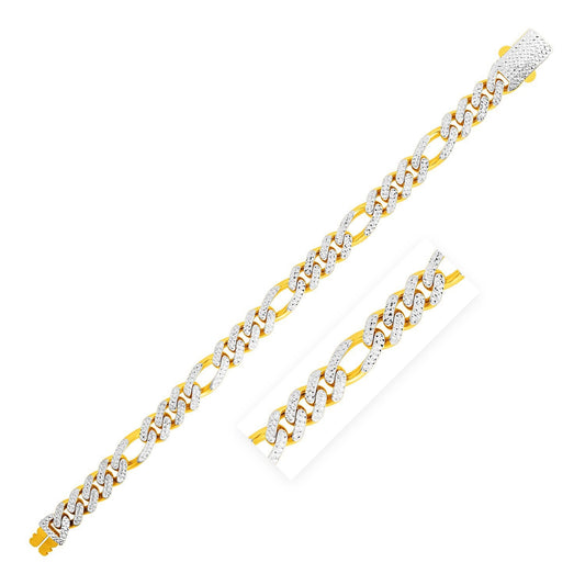 Bracelet Figaro Lite moderne en or jaune 14 carats, pavé blanc, très poli (9,5 mm)