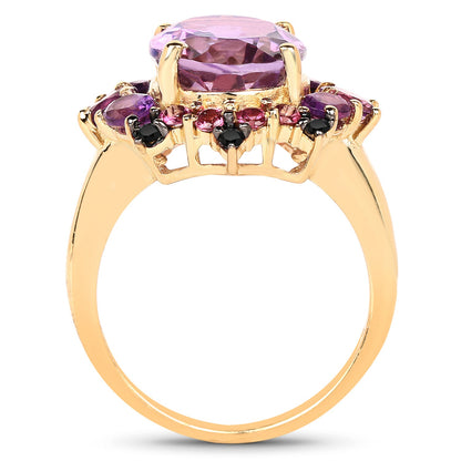 14K Yellow Gold Plated 5.25 Carat Genuine Amethyst, Rhodolite and Blue Diamond .925 Sterling Silver Ring