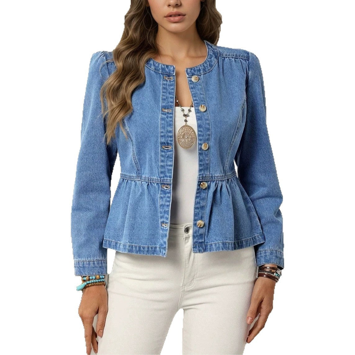 Cross-Border Denim Jacket For Women, Short Style, 2026 Spring And Autumn New Popular Model, European And American Casual Versatile Round Neck Puff Sleeves