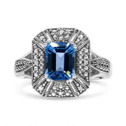 .925 Sterling Silver Diamond Accent and 8X6 mm Emerald-Shape Blue Topaz Ring (I-J Color, I2-I3 Clarity) - Ring Size 7