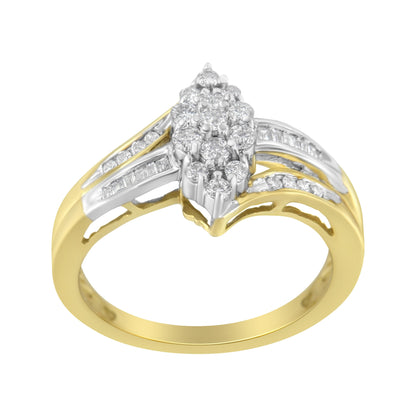 10K Yellow and White Gold 1/2 Cttw Diamond Marquise Shaped Cluster Split Shank Ring (H-I Color, SI2-I1 Clarity) - Size 7